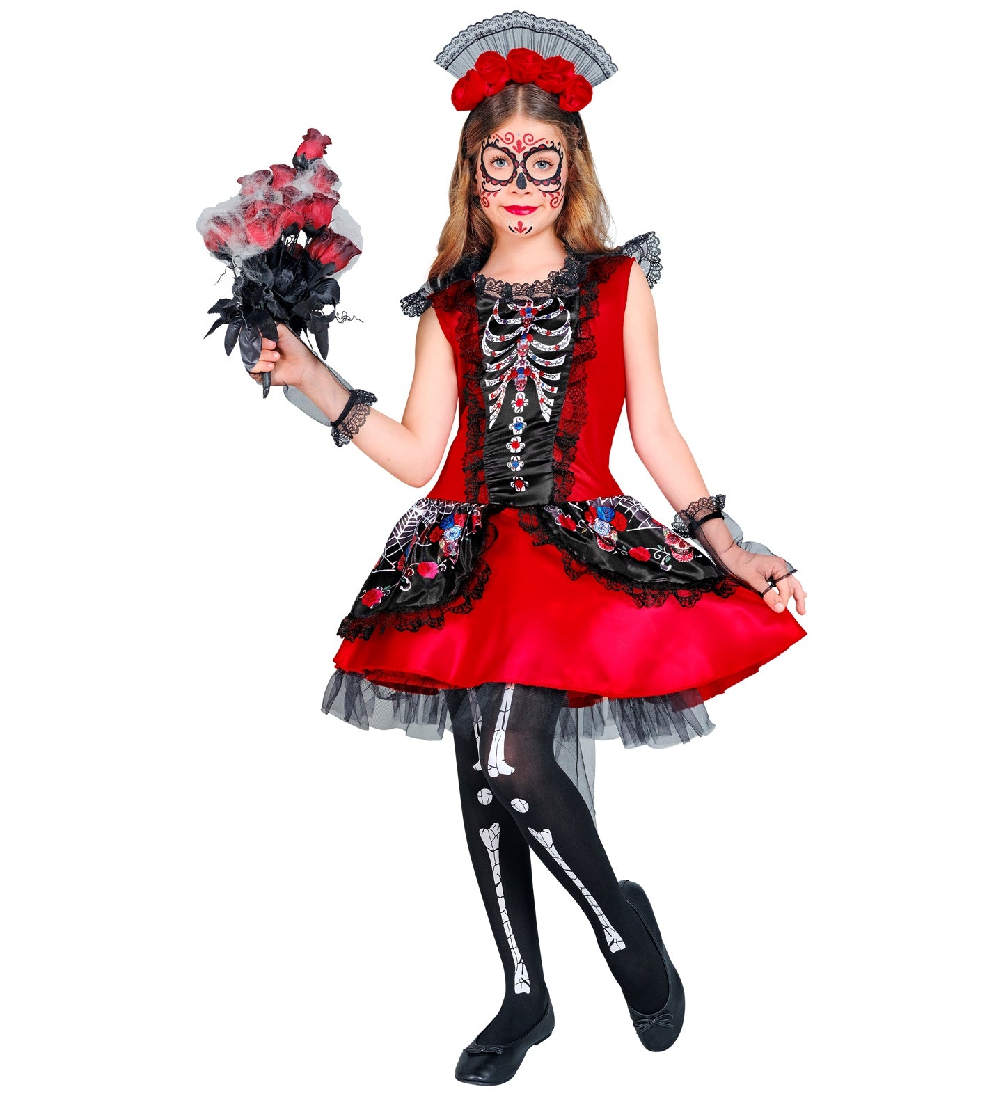 dia-de-los-muertos-kinderkost-m-skelett-kleid-rot-128 image 3