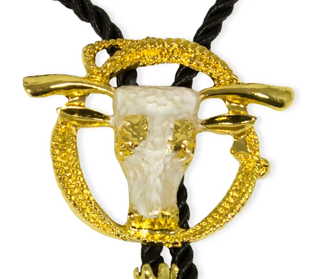 das-kost-mland-cowboy-krawatte-bolotie-stierkopf-gold-schwarz image 1