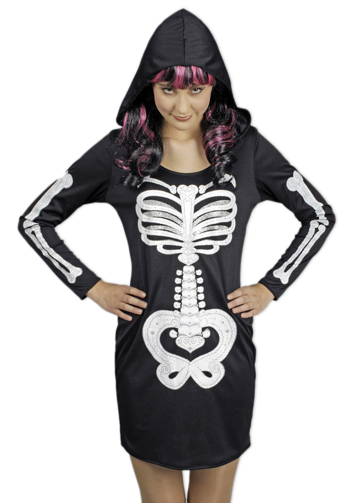 das-kost-mland-skelett-kleid-damen-schwarz-36-38-mit-kapuze image 1