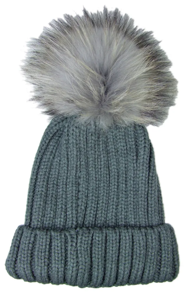 beanie-strickm-tze-damen-dunkelgrau-fellbommel-grobstrick image 1