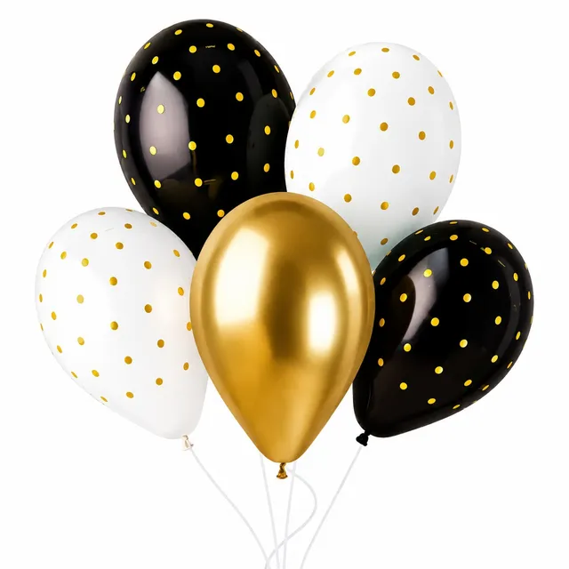 das-kost-mland-latexballon-chic-dots-wei-schwarz-gold-5-stk-33cm image 1