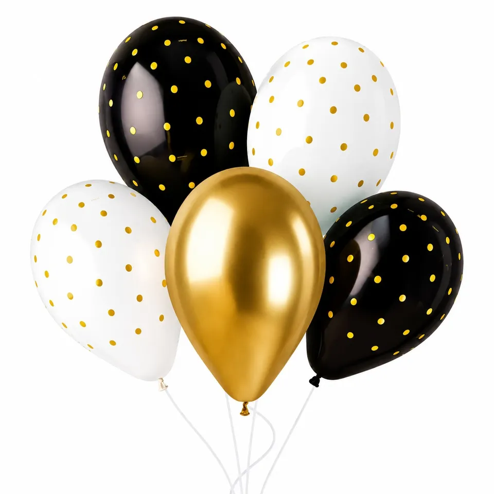 das-kost-mland-latexballon-chic-dots-wei-schwarz-gold-5-stk-33cm image 1