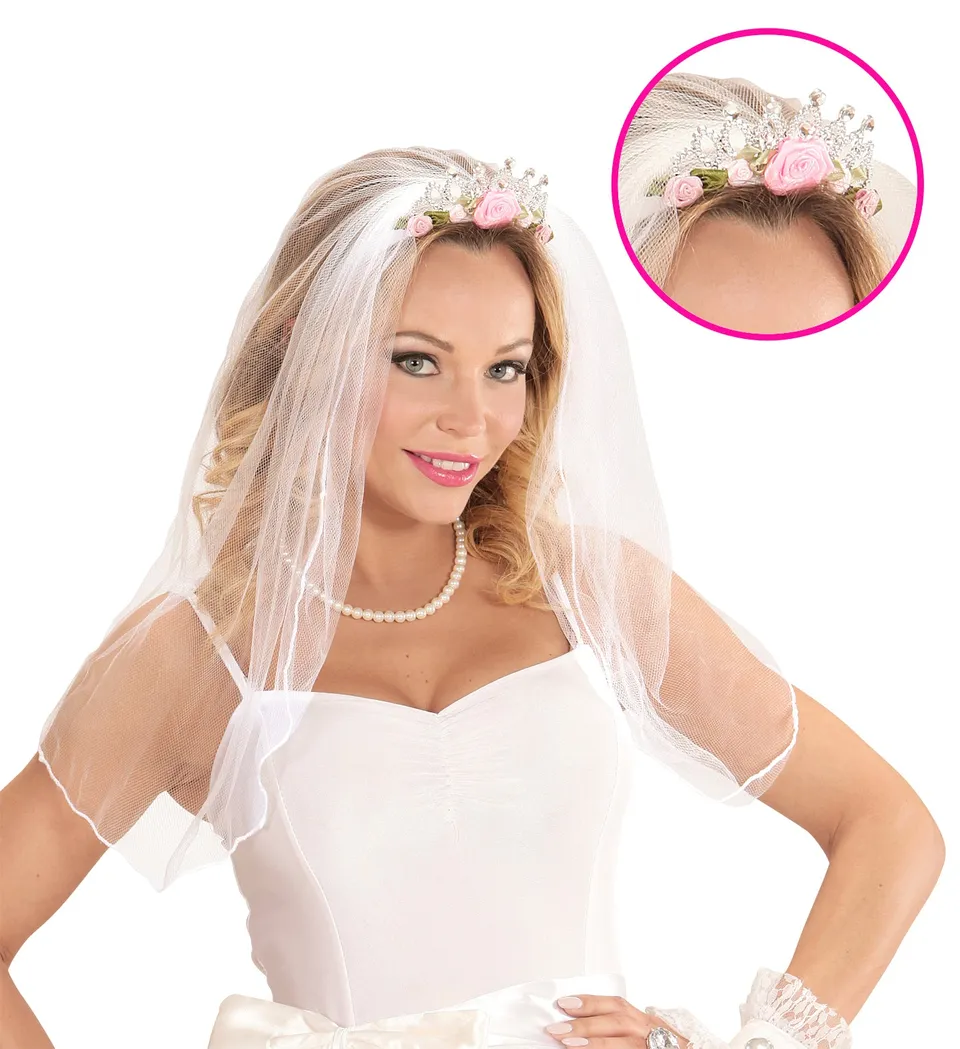 das-kost-mland-tiara-mit-brautschleier-rosen-wei-rosa-haarreif image 1
