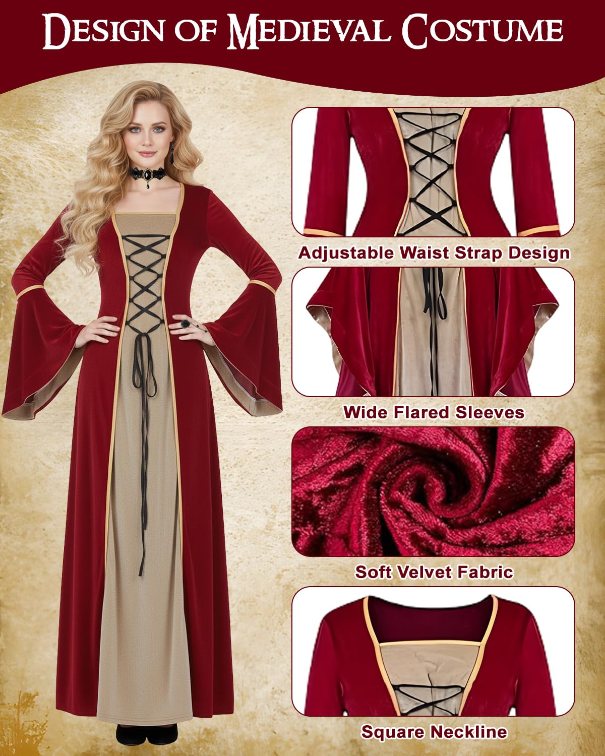 heitoyi-samtkleid-rot-mittelalter-kost-m-damen-samt image 3