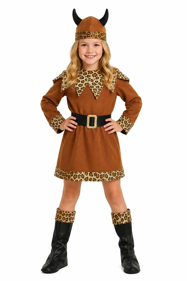 das-kost-mland-m-dchen-wikinger-barbarin-kost-m-kleid-gr-128-mit-helm image 1