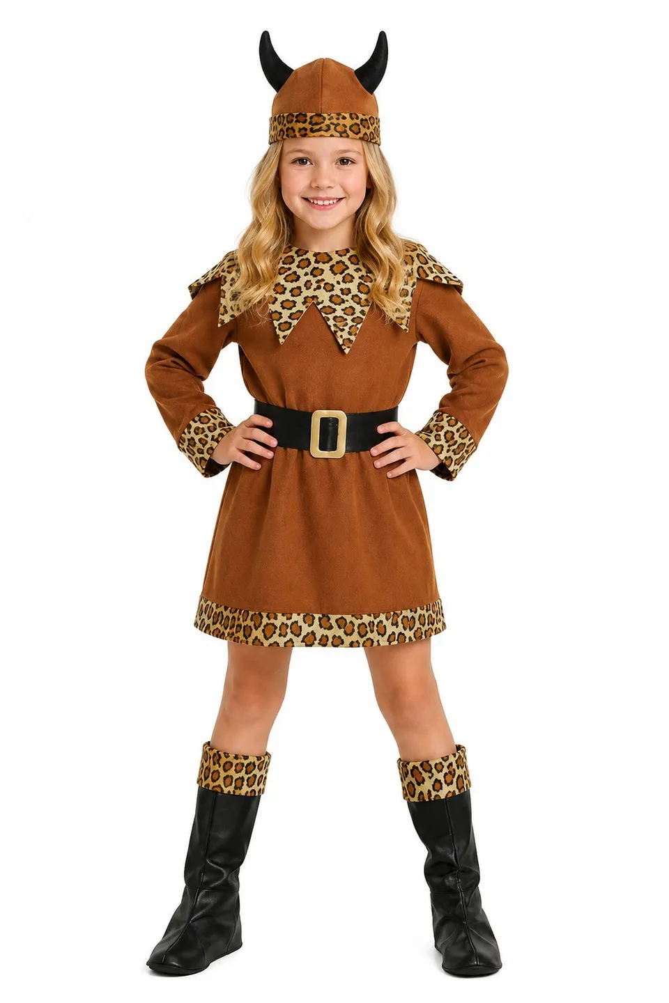 das-kost-mland-m-dchen-wikinger-barbarin-kost-m-kleid-gr-128-mit-helm image 1
