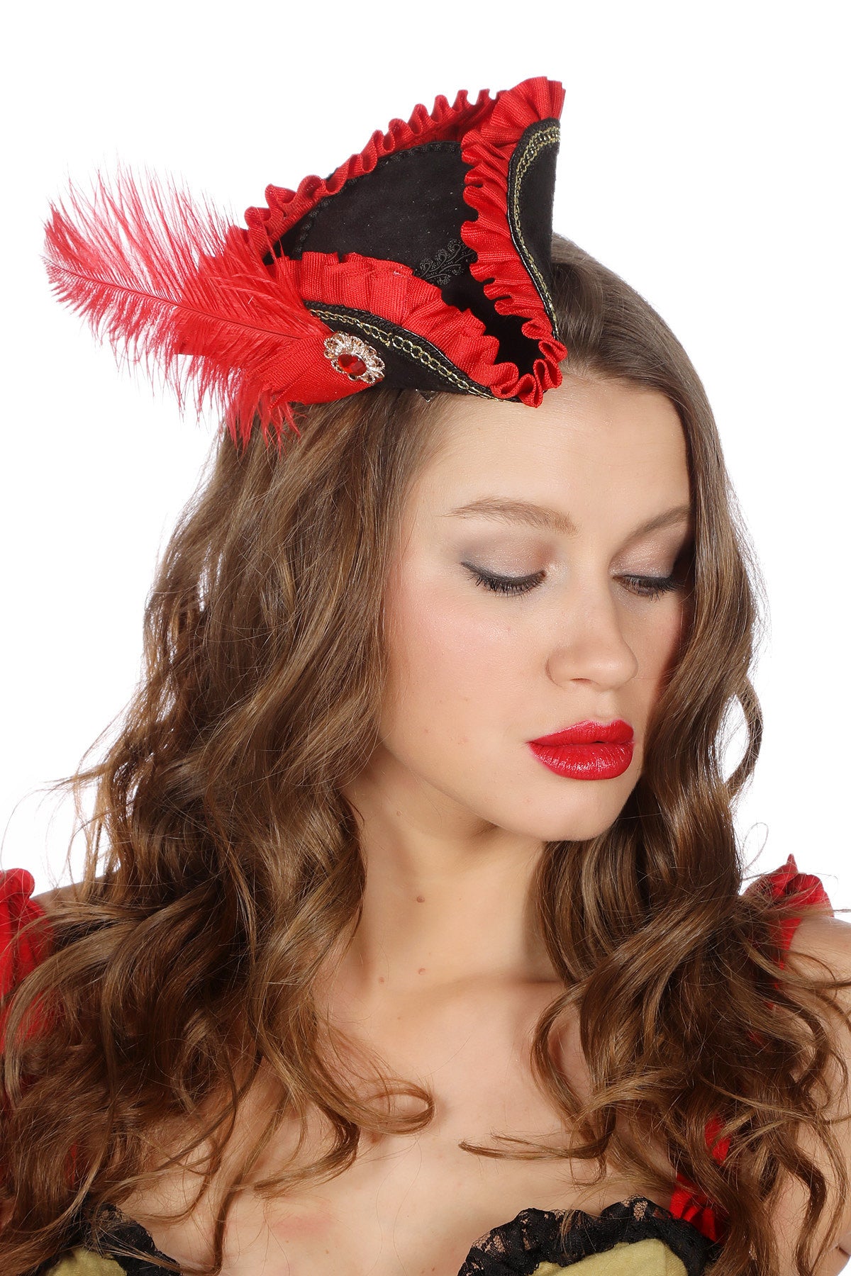 das-kost-mland-rubin-mini-piratenhut-damen-schwarz-rot-feder image 1