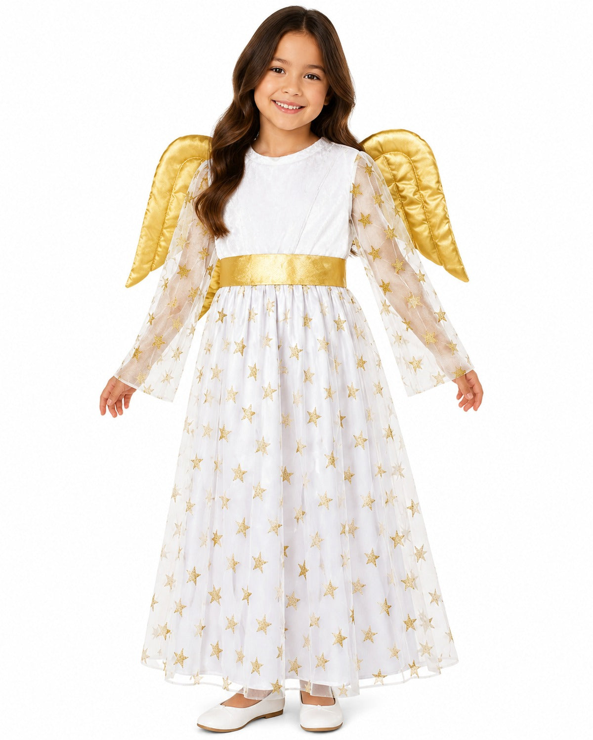 kinder-engelskost-m-sternen-engel-samtkleid-wei-gold-mit-fl-geln image 1